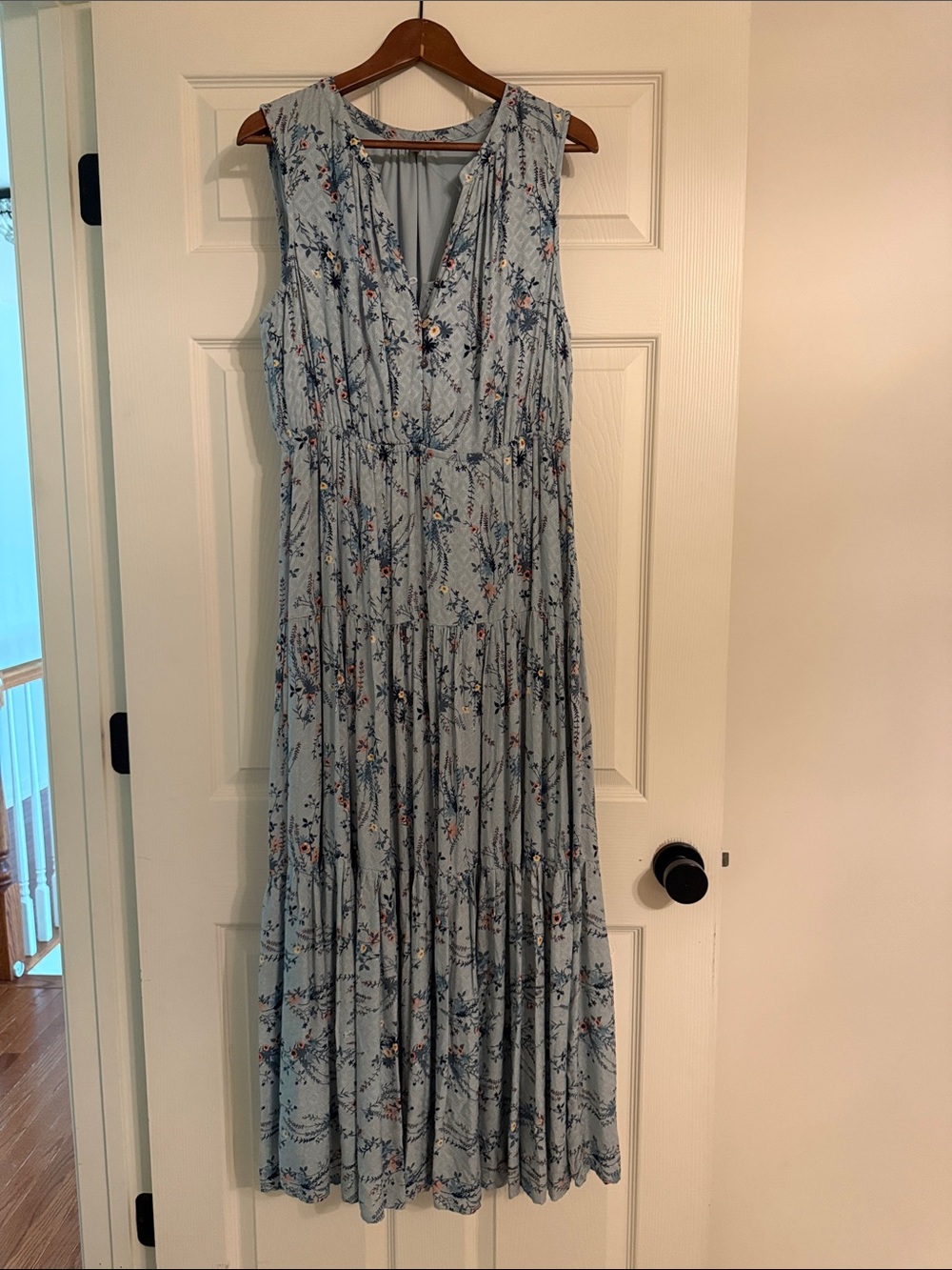 Sleeveless Light Blue Floral Tiered Maxi Dress